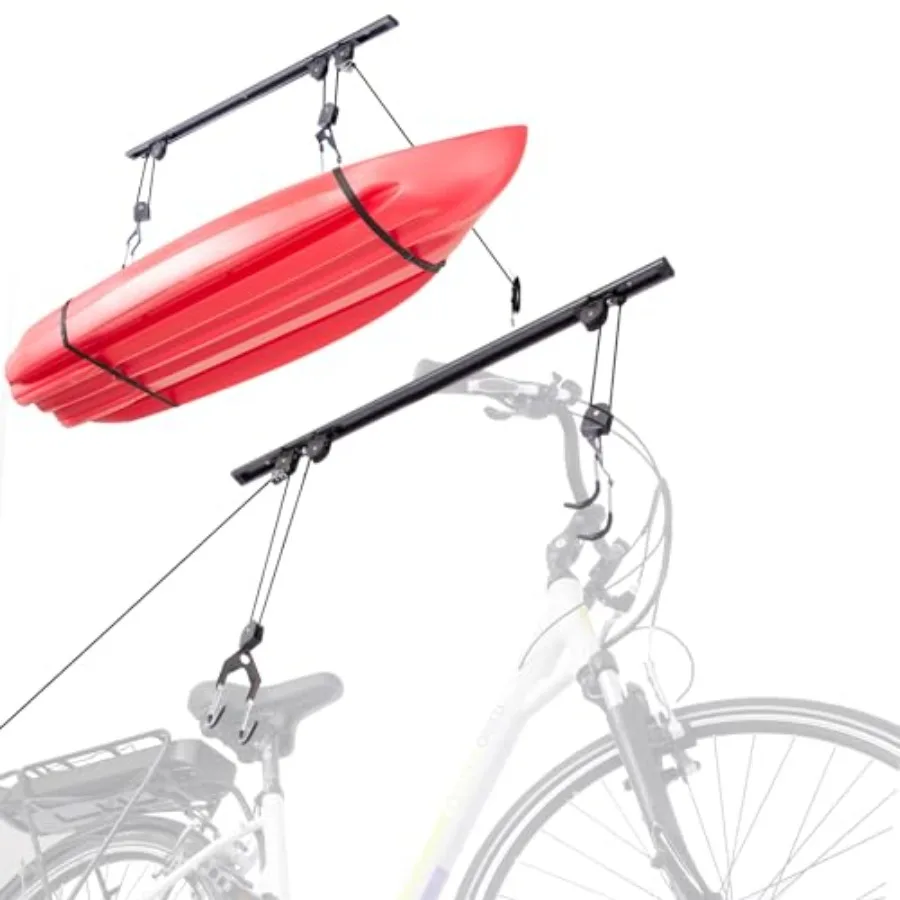 

Bike Hoist- Heavy Duty for Space Saving - Road, Commuter and Mountain Bikes, Holds Kayaks and Ladders - No-Hassle Installation