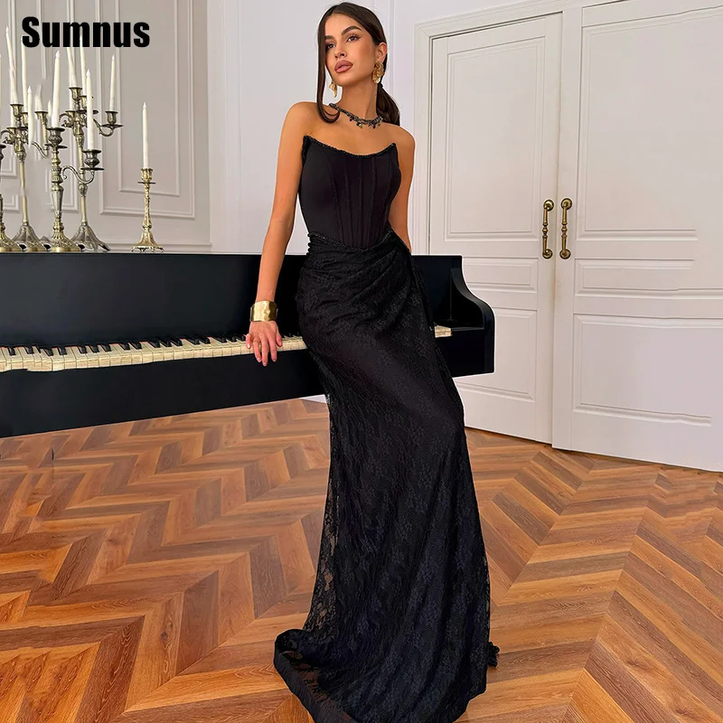 

Sumnus Elegant Mermaid Prom Dress Lace Boat Neck Pleas Floor Length Formal Dresses Sleeveless Evening Dress Gala Customized