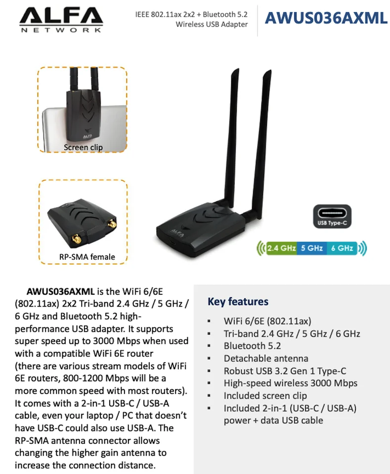 Made in Taiwan, ALFA AWUS036AXML MT7921AUN WIFI 6E tri-band