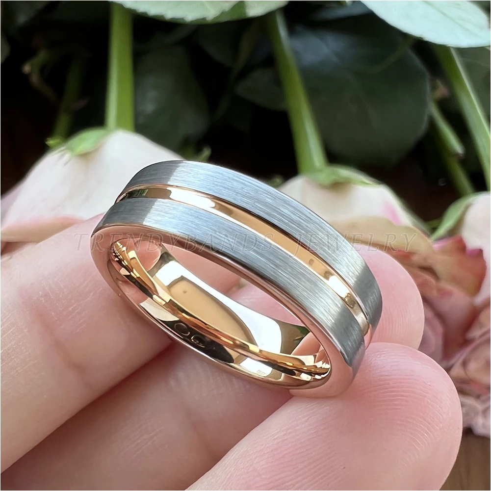 6mm Men\'s Women\'s Rings Tungsten Wedding Band Rose Gold Color With Brushed And Center Grooved Finish Comfort Fit