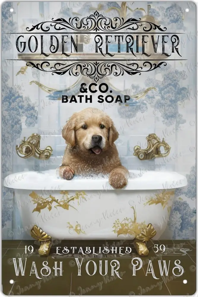 1P,Funny Golden Retriever Decor, Vintage Bathroom and Bathtub Metal Tin Sign Decor, Dog Lovers Gift, Farm Home Bar Restroom Toil