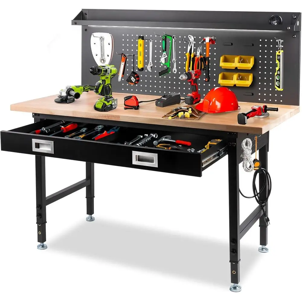 

60" Workbench with Drawers, Work Benches for Garage with Strip Light, Adjustable Work Table with Large Pegboard, 2000 LBS Heavy