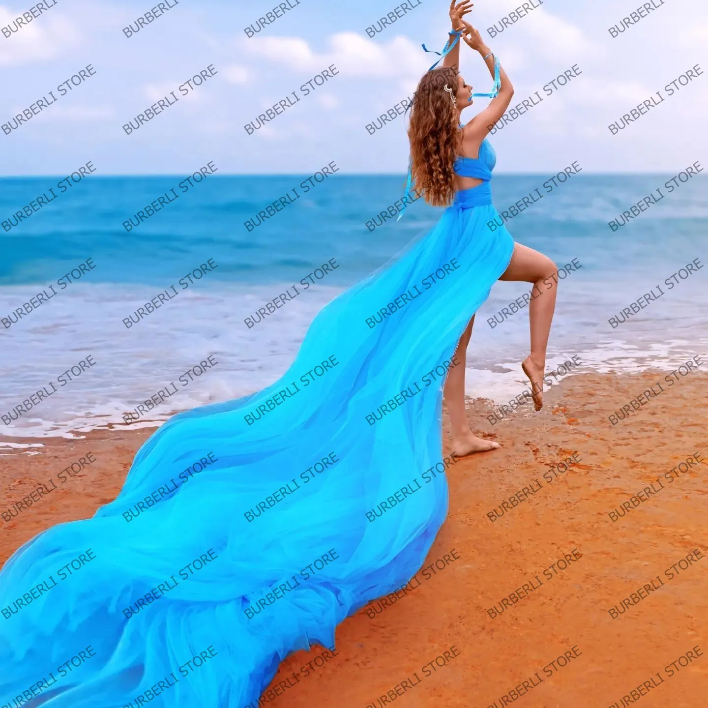 Beach Blue Tulle Long Women Summer Dresses For Photography Sexy V Neck Mesh Prom Party Gowns Very Long Train Sleeveless PromGown