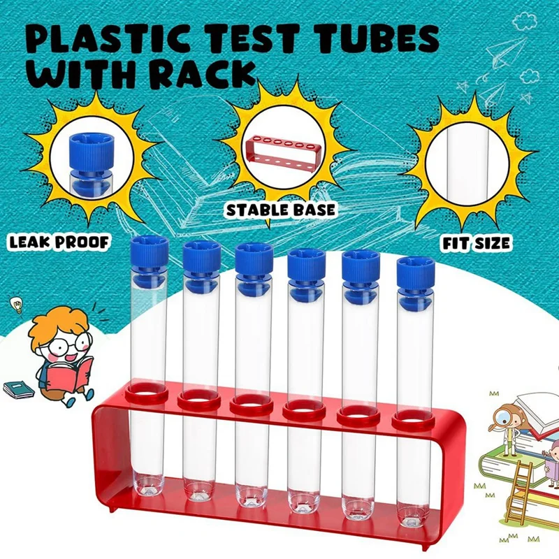 1 Sets 15 X 100Mm Test Tubes With Rack Clear Plastic Test Tubes With Caps And 6 Holes Holder Rack Nurse Party Decoration