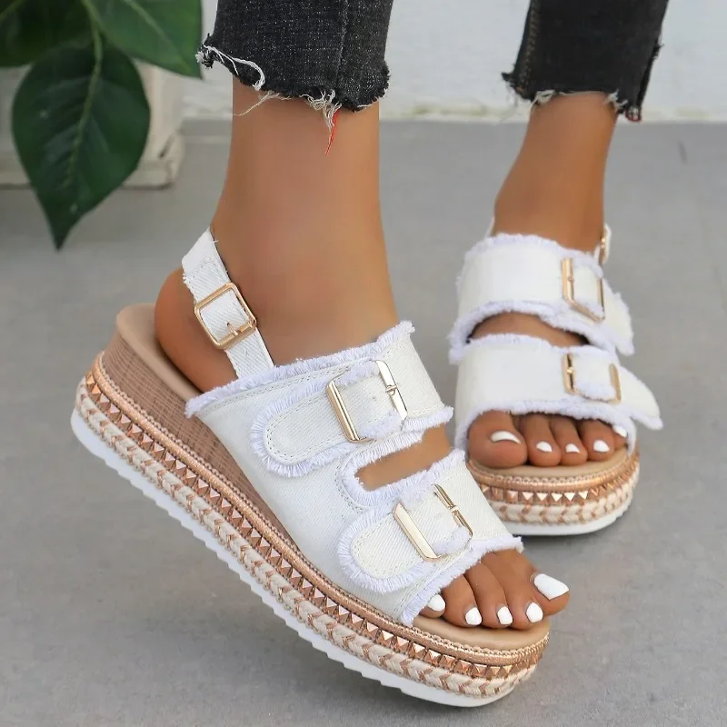 

New Women Sandals Summer Beach Slippers Double Buckle Non-slip Clogs Wedge Sandals Women Flip Flop Platform Sandals Denim Female