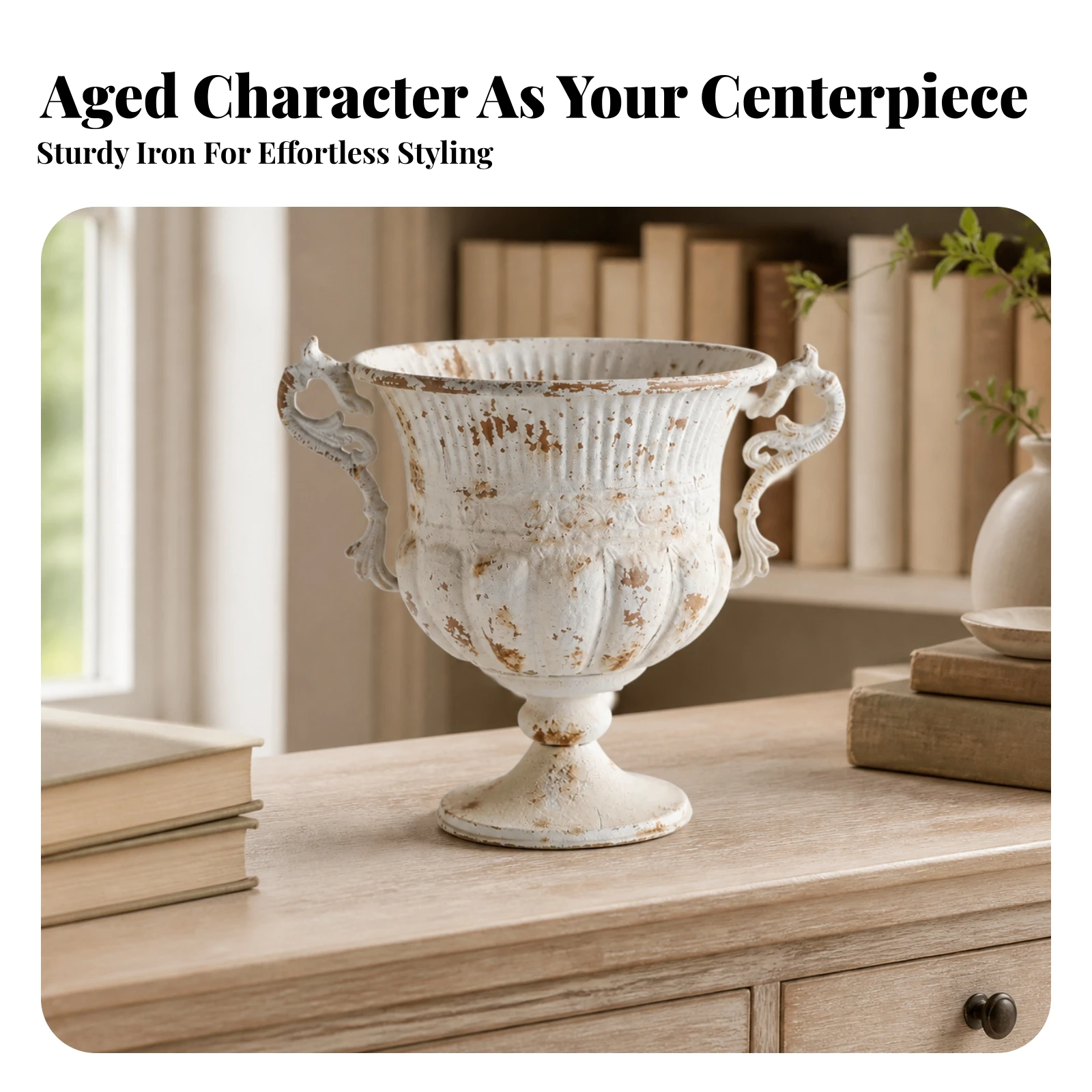 Fluted Urn Planter with Ornate Handles Antique-Inspired Pedestal Planter with Footed Base Distressed Iron Flower Urn Classic