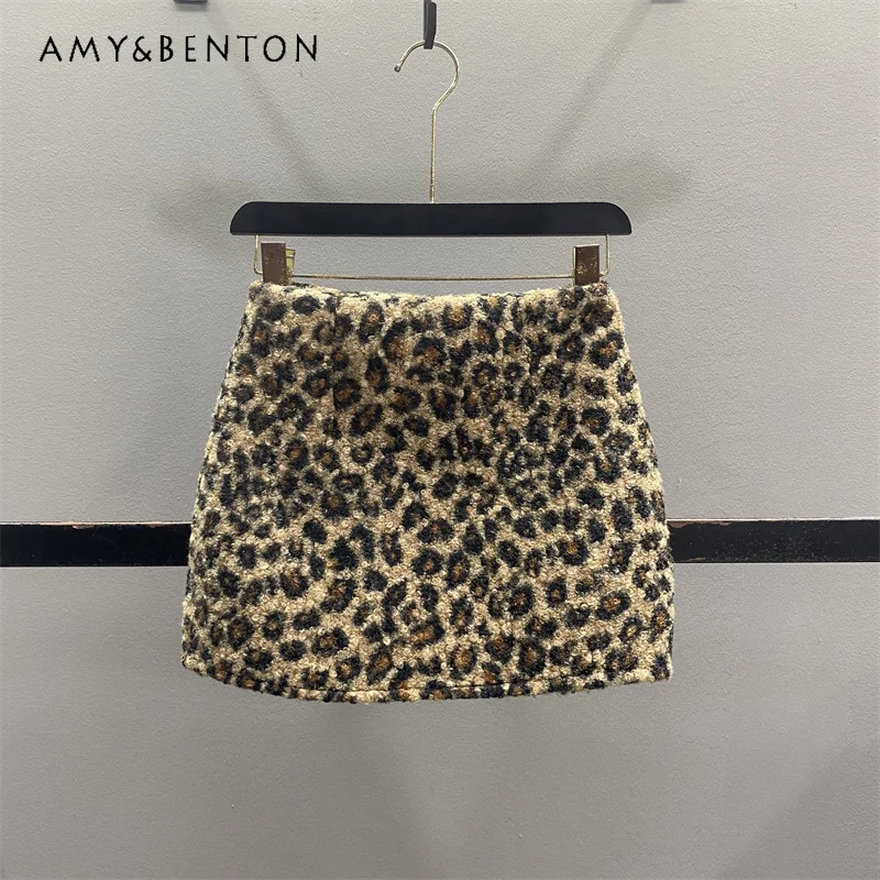 

American Retro Leopard Print Lamb Wool Women's Skirt 2025 Autumn Winter New Slimming Hot Girl A-Line Bodycon Furry Skirt Ladies