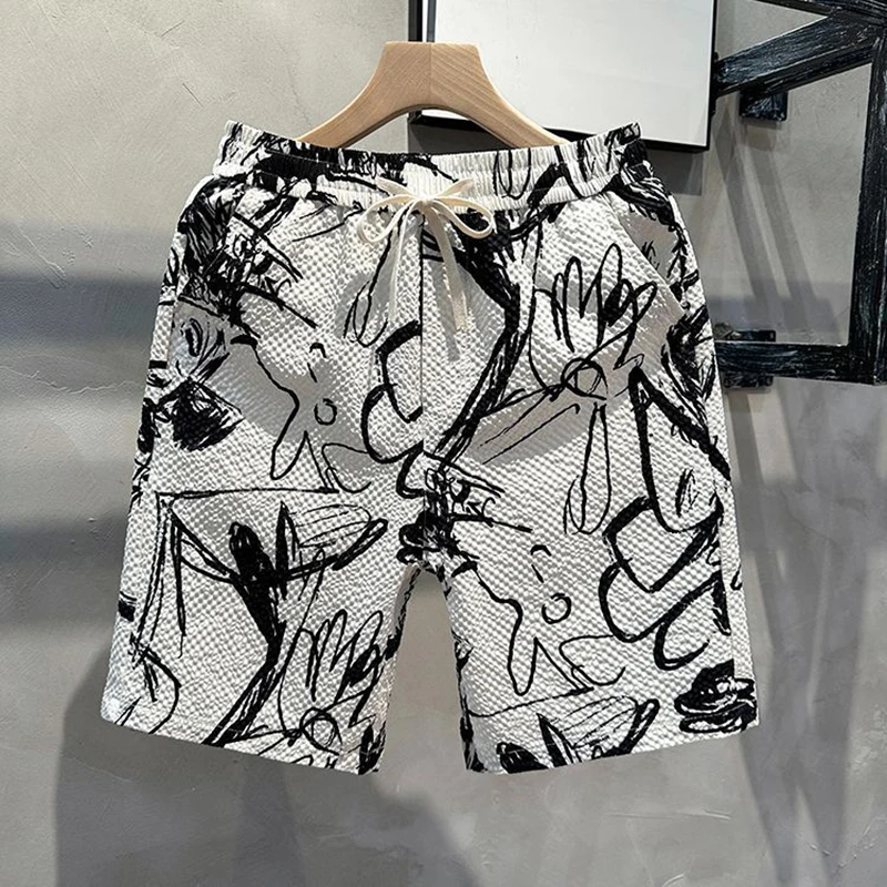 

Fashion Printed Pockets Hand-Painted Casual Shorts Men's Clothing Summer New Loose Elastic Lace Up High Waist Beach Shorts