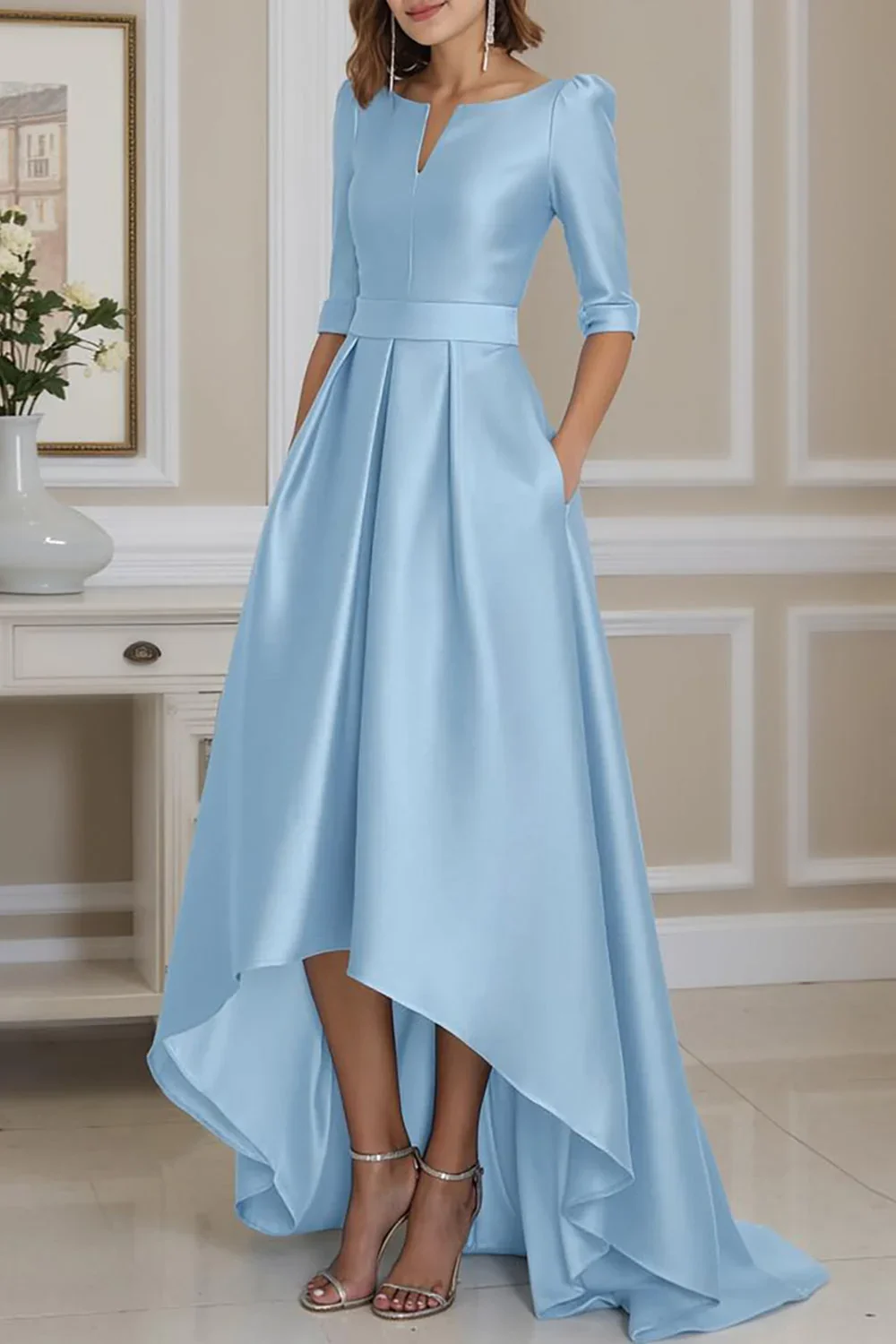 Vestidos de Noche Morados Personalizados con Cuello en V, Manga Media y Largos hasta el Suelo para Invitadas de Boda - Elegancia Chic