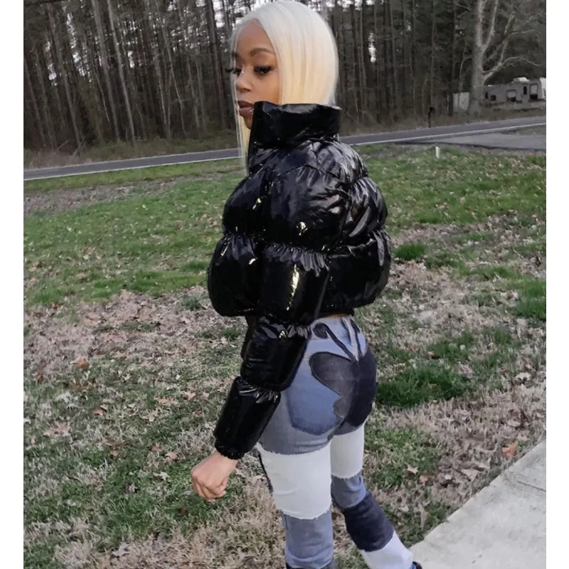 New solid-color mirror-finish PU leather stand-up collar cardigan tucked cotton-padded jacket women's clothing autumn and winter