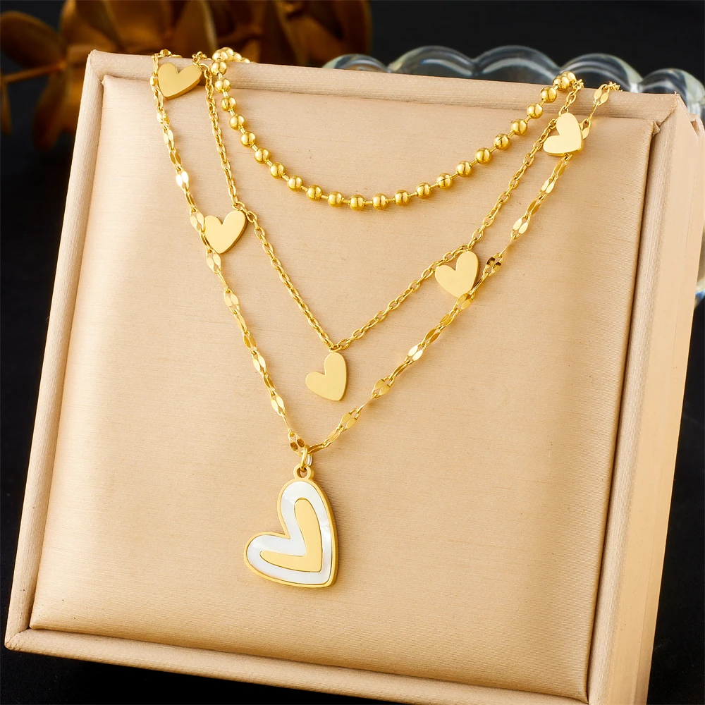 DIEYURO 316L Stainless Steel Golden White Shell Heart Shape Multilayer Necklace For Womens New Fashion Neck Chain Jewelry Gift