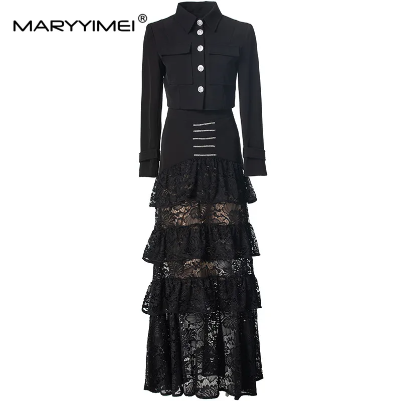 MARYYIMEI Autumn and winter fashionable Suit Women Turn-Down Collar Single-Breasted Tops+Lace Flounced Edge Skirt 2 piece set