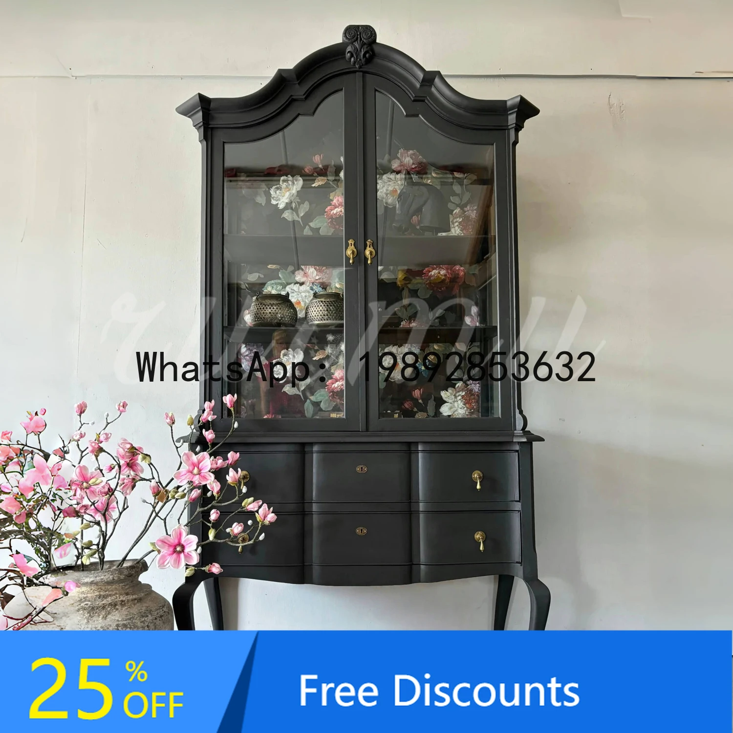 

French Vintage Solid Wood Decorative Cabinet Living Room Glass Display Cabinet American Country Style Home Carved Sideboard