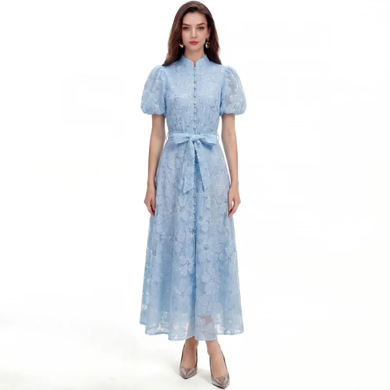 2026 New Gentle Style Lace Puff Sleeve Short Sleeve Stand Collar Single Breasted Waist Slim A Line Long Dress