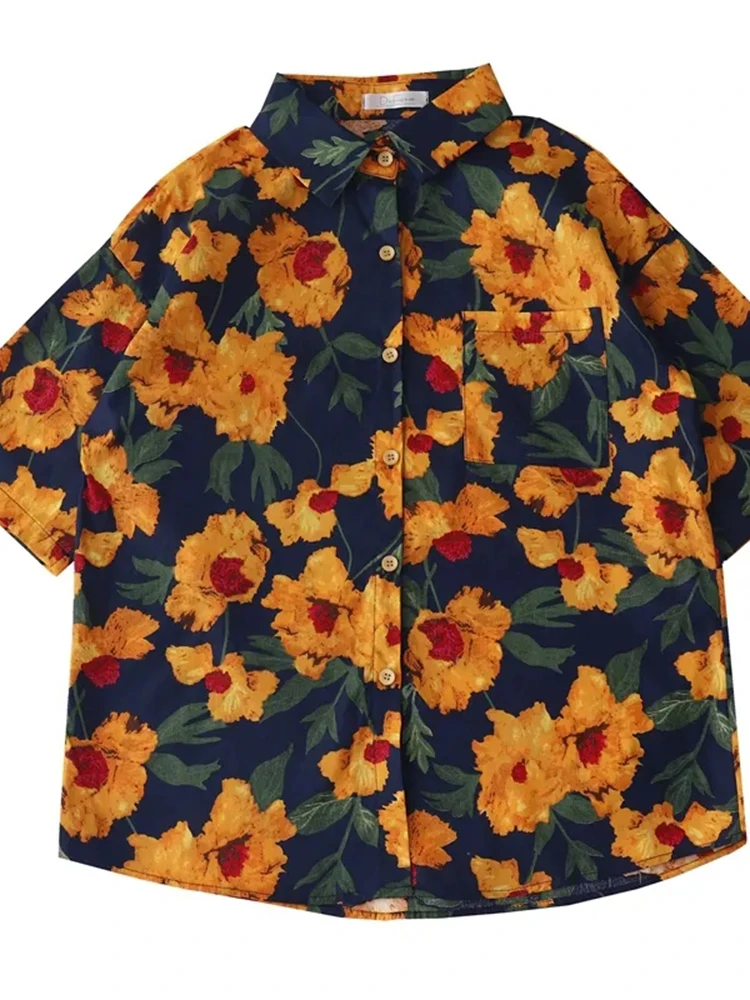

Floral Retro Sweet Beach Shirt Women Loose Short Sleeve Casual Blouse Summer American Vintage Female Elegant Ocean Holiday Tops