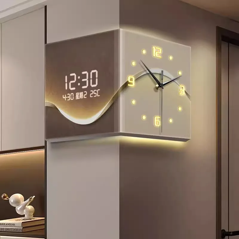 Abstract Art Pattern Corner Double-sided Wall Clock with Silent Digital Display (Pointer Style)