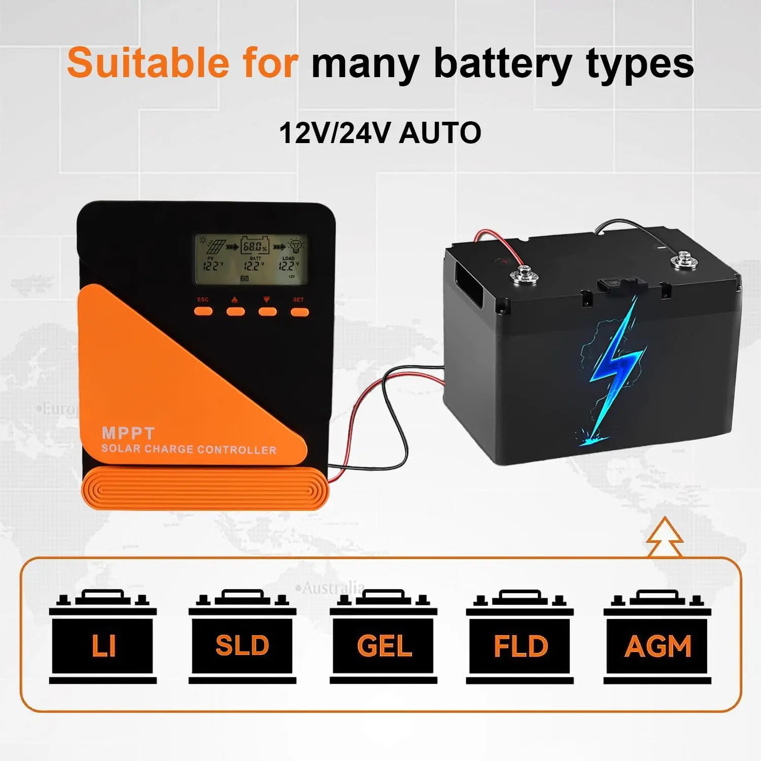 POWLSOJX Efficient MPPT Solar Controller: 40/60A, Versatile 12/24V Battery Compatibility, 18-100V Solar Input, Dual Cooling Fans