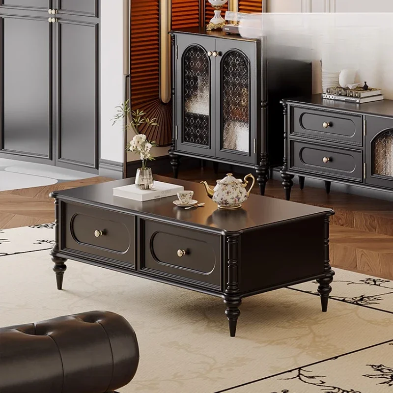

American retro solid wood coffee table, TV cabinet combination home living room new French medieval black TV cabinet
