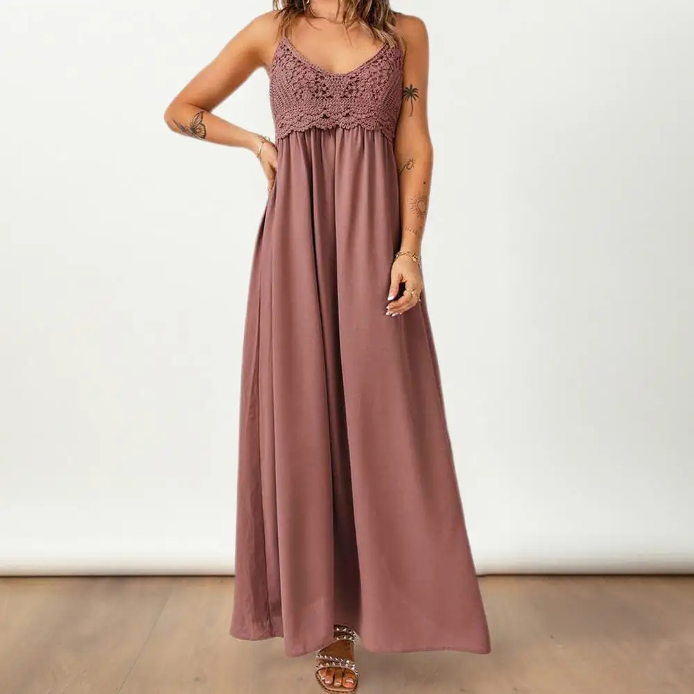 

Summer Strappy Dress Elegant V Neck Lace Maxi Dress for Women Pleated Beach Summer Slip Dress with Adjustable Spaghetti Straps