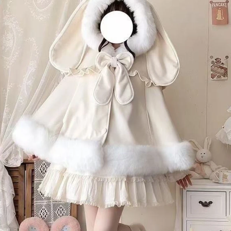 

Winter New Sweet Lolita Shawl Overcoat Women Kawaii Plush Patchwork Bow Bunny Ear Hooded Capes Coat Female Warm Fur Collar Cloak