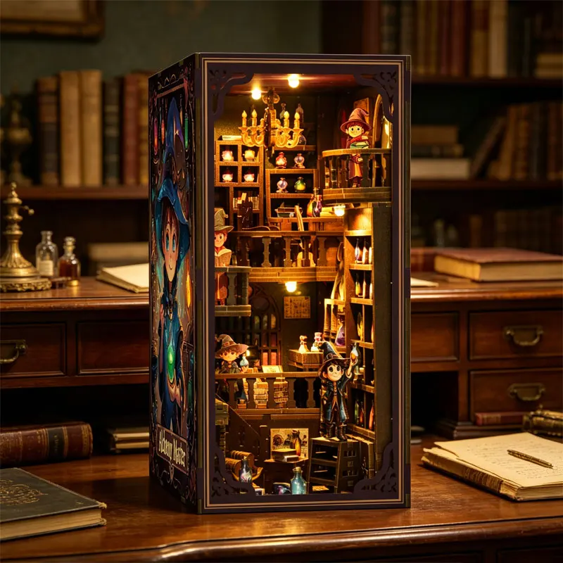 【N9】9個セット　へリボーンコレクション 8　ワークショップ Vol.33 Zuuton Wizard Magic Book Nook DIY Wooden Miniature Kit With LED