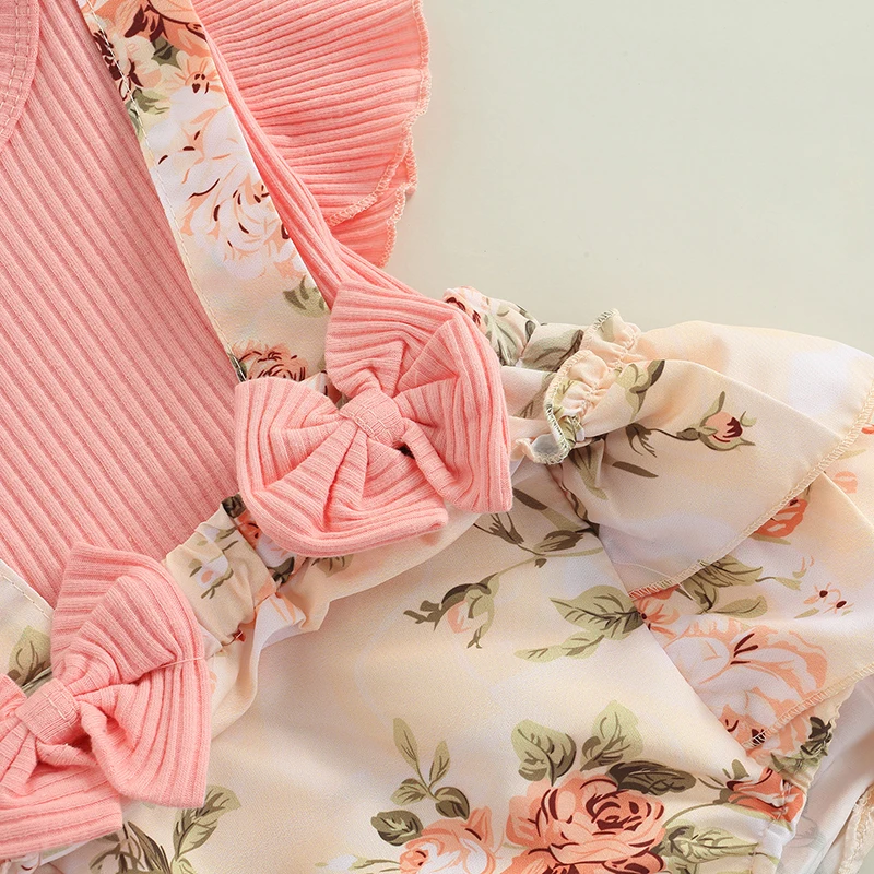 Newborn Baby Girls Two-piece Clothes Set Pink Floral Printed Pattern Fly Sleeves Romper and Bow Knot Headdress 0-18 Months