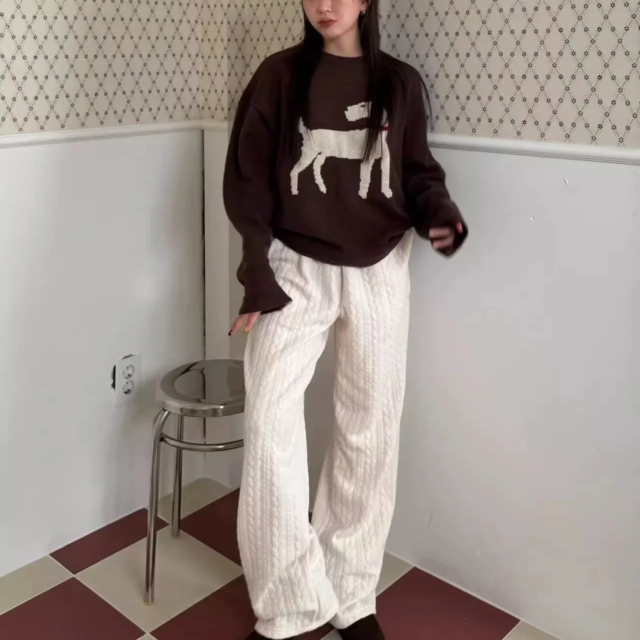 خريف شتاء جديد Sle عادية فضفاض مستقيم الساق السراويل القطن مزيج محبوك النسيج تويست زهرة الملمس تنوعا السراويل الطويلة