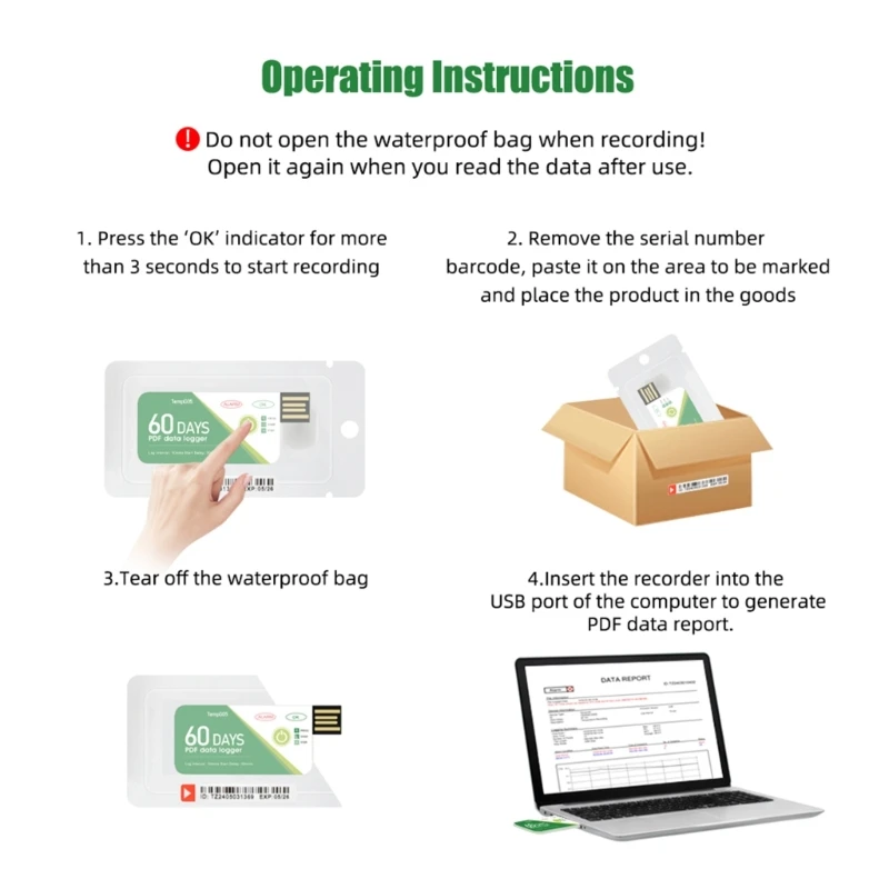 Enregistreur température USB à usage unique, 60 jours, adapté aux Applications laboratoire, Transport par chaîne du froid