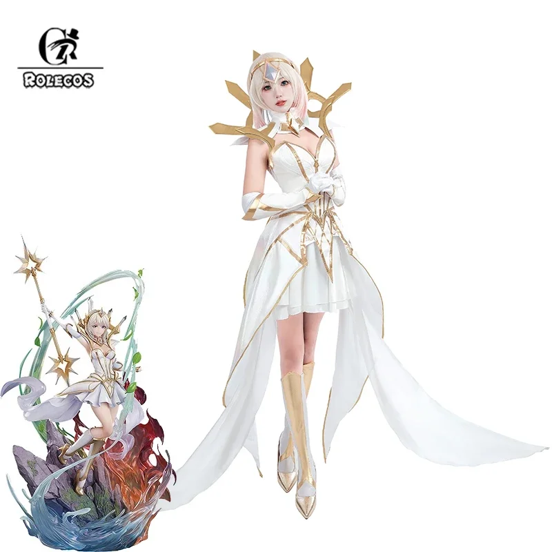 ROLECOS LOL Elementalist Lux Cosplay costume Game LOL Lux Skin Women White Morning Dress Halloween Full Set