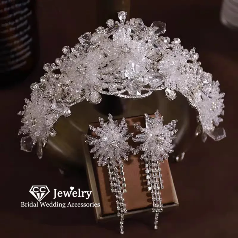 

CC Crowns for Women Wedding Hair Accessories Bridal Headbands Engagement Hairwear Flower Shape Tiaras With Earrings Gifts AN450