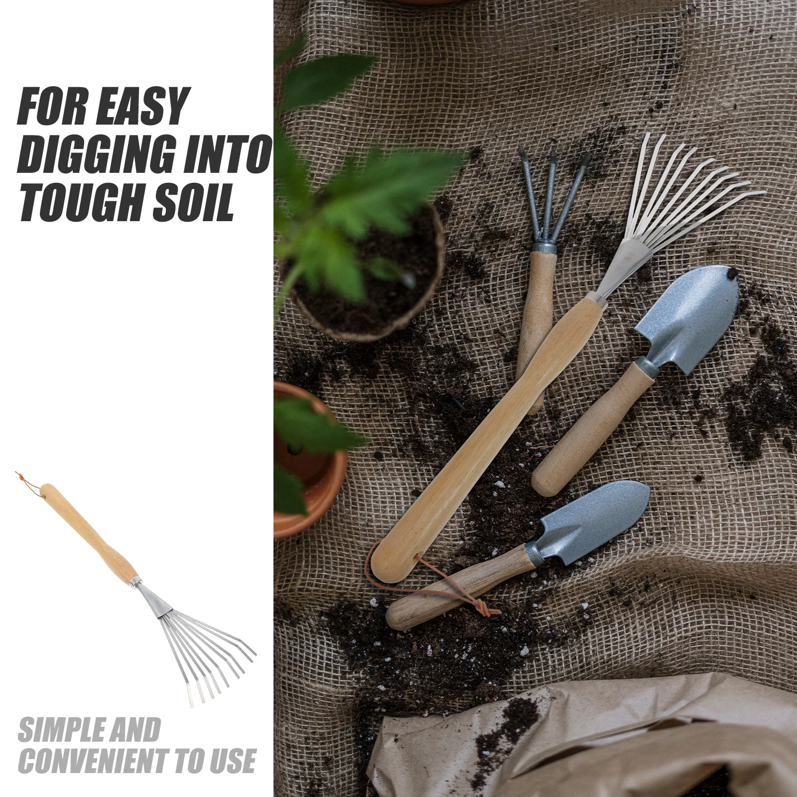 

Garden Rake Long Handle Ergonomic Beech Wood Stainless Steel Strong Grip Compact Rake for Garden Soil and Leaves