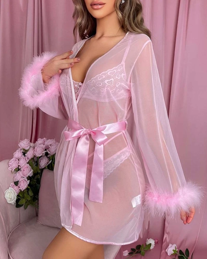 3 Pieces Christmas Lingerie Set Sexy Lace See Through Kimono Robe with Bra and Panty Sheer Sleepwear