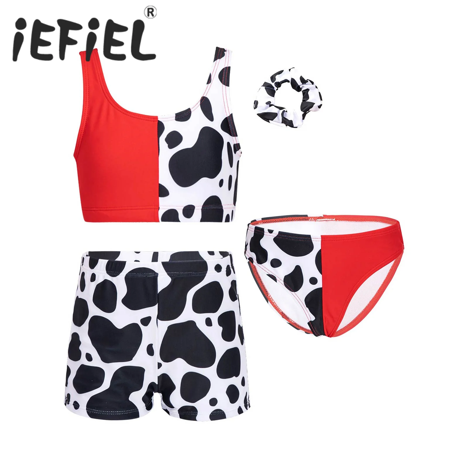 

4Pcs Kids Grils Swimsuits Cute Cow Print Tankini Sets Sleeveless Bra Top Briefs Boyshorts Swimming Bathing Beachwear Swimwear