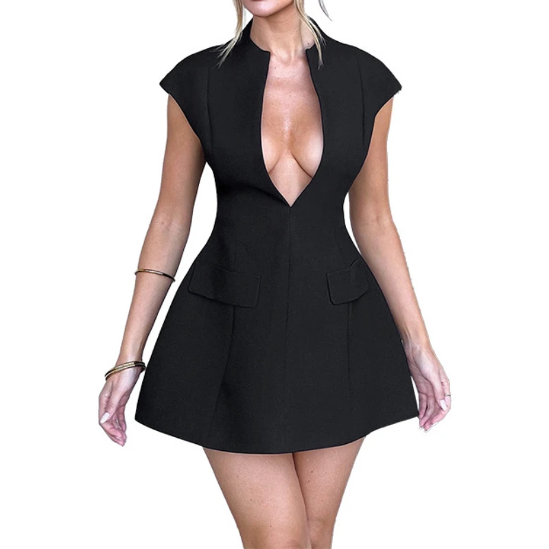 

2025 New Casual Pocket Elegant A-line Women's Mini Dress Fashion Spring Summer Deep V Neck Nightclub Sexy Party Dresses Vestidos