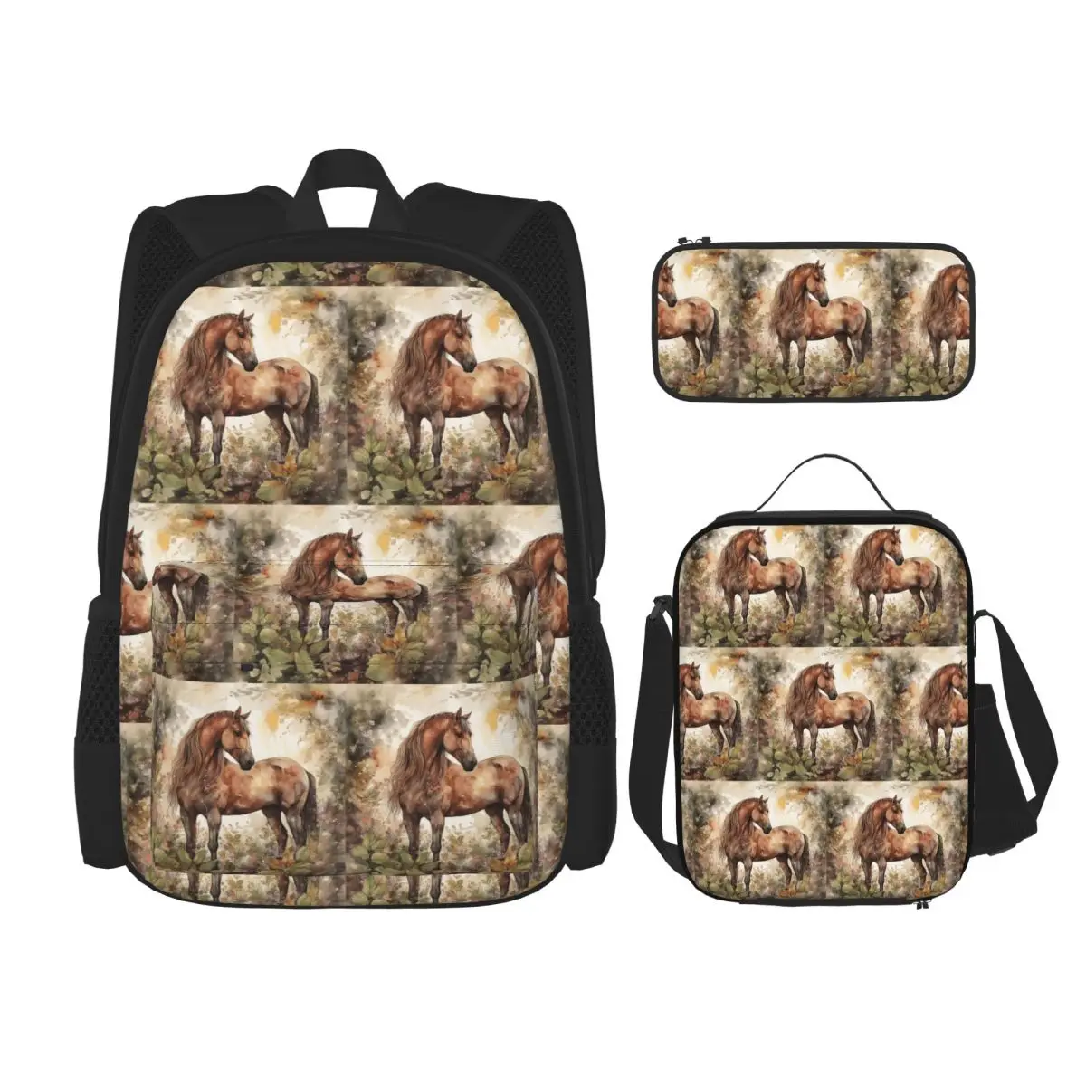 

Brown Horse Herd Running Galloping Animal Lovers Humor Backpacks Bookbag School Bags Rucksack Lunch Bag Pen Bag Three-Piece Set