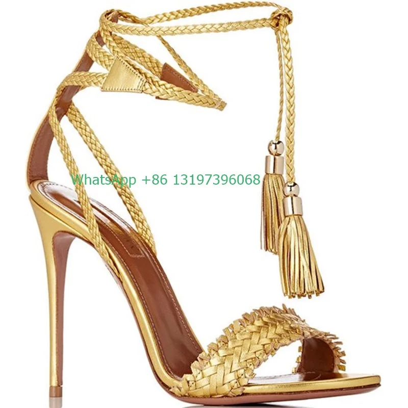 Ladies Gold Tassel Pendant Decorative Sandals Gold Lace Up Strap Rope Ankle Plus Size Footwear Everyday Summer Casual Shoes