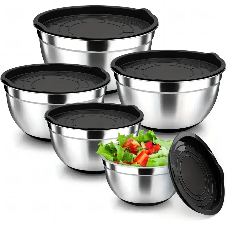 5pcs Mixing Bowls, Stainless Steel Bowls with Sealed Lids, Non-Slip Bottom, 1.5/2/2.5/3.5/4QT, Perfect for Mixing and Serving