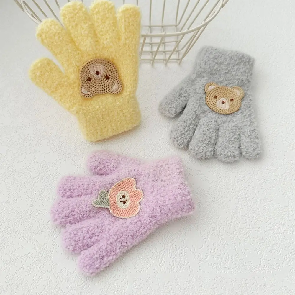 Cute Bear Baby Fluffy Gloves Rabbit Korean Style Cartoon Pattern Gloves Solid Color Full Finger Knitted Mittens Kids