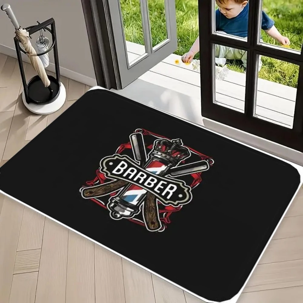 Vintage Barber Shop Doormat, Crown & Pole Logo Print Rug for Salon Entryway, Shop Floor & Waiting Area Decor Durable & Nonslip