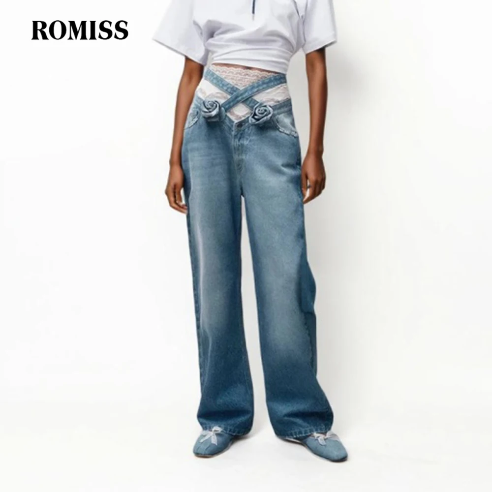 

ROMISS Patchwork Appliques Denim Pants For Women High Waist Crisscross Folds Spliced Pockets Fashion Hollow Out Jeans Female