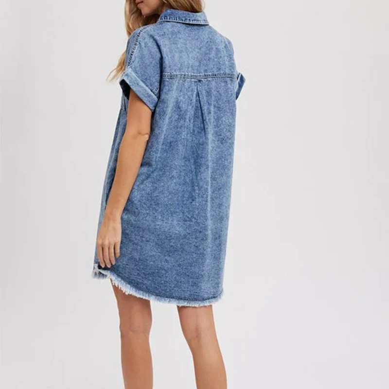 فستان قميص قصير أنيق للسيدات صيفي من قماش الدنيم فستان أزرق بأكمام قصيرة فستان صيفي بأزرار فساتين فضفاضة غير رسمية للسيدات فيستدوس بارا موجر
