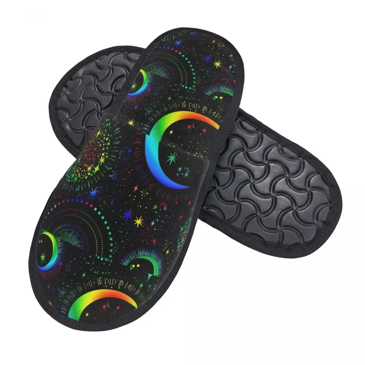 Rainbow Sketched Moons Stars Slipper For Women Men Fluffy Winter Warm Slippers Indoor Slippers