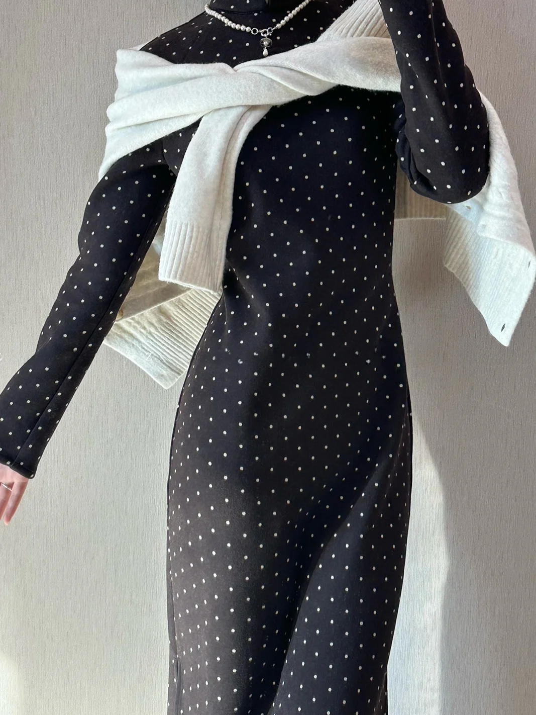 

Xu Zhi Xing Caramel Polka Dot Thi Long Sve Qipao Dr Anti Wrinkle Warm Vintage Slimming Long Dr Daily Wear