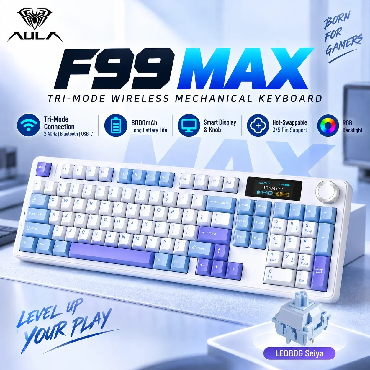 AULA F99 Max Mechanical Keyboard 96 Percent Layout TFT Smart Screen Knob 8000mAh Hot Swappable RGB Tri Mode Wireless Gaming