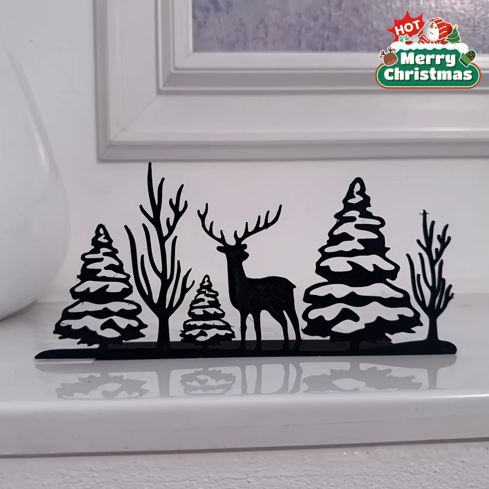 قطعة واحدة من ديكور الطاولة على شكل غابة الرنة لعيد الميلاد - قطعة حديد متينة مع أشجار الصنوبر الثلجية وتصميم الغزلان