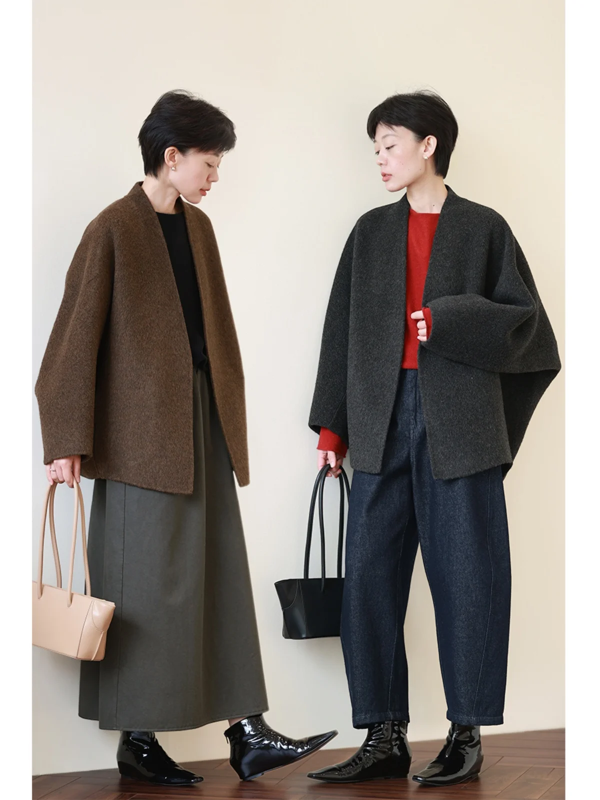 

Двустороннее шерстяное пальто женское из шелковистого туссах-шелка с драпировкой, свободного кроя, осенне-зимнее, новинка, большого размера