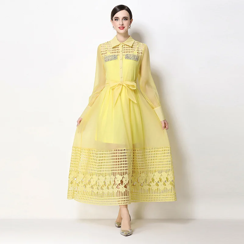 Elegant Hollow Out Midi Dress with Rhinestones Luxury Puff Sleeve Prom Gown for Party Cocktail Wedding Guest Dinner Date Concert