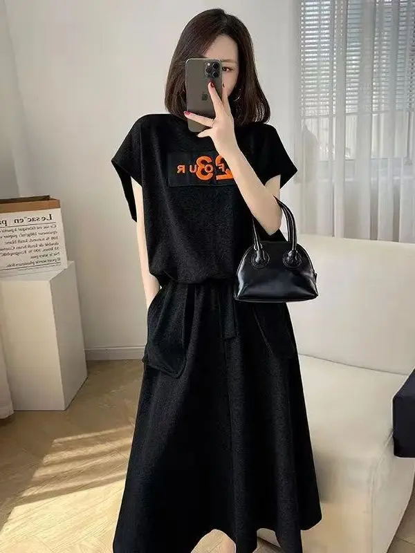 Plus Size Casual Faion Set Abbigliamento donna Or Sve Gonna a trapezio a vita alta Abito estivo Copertura per pancia di carne nascosta