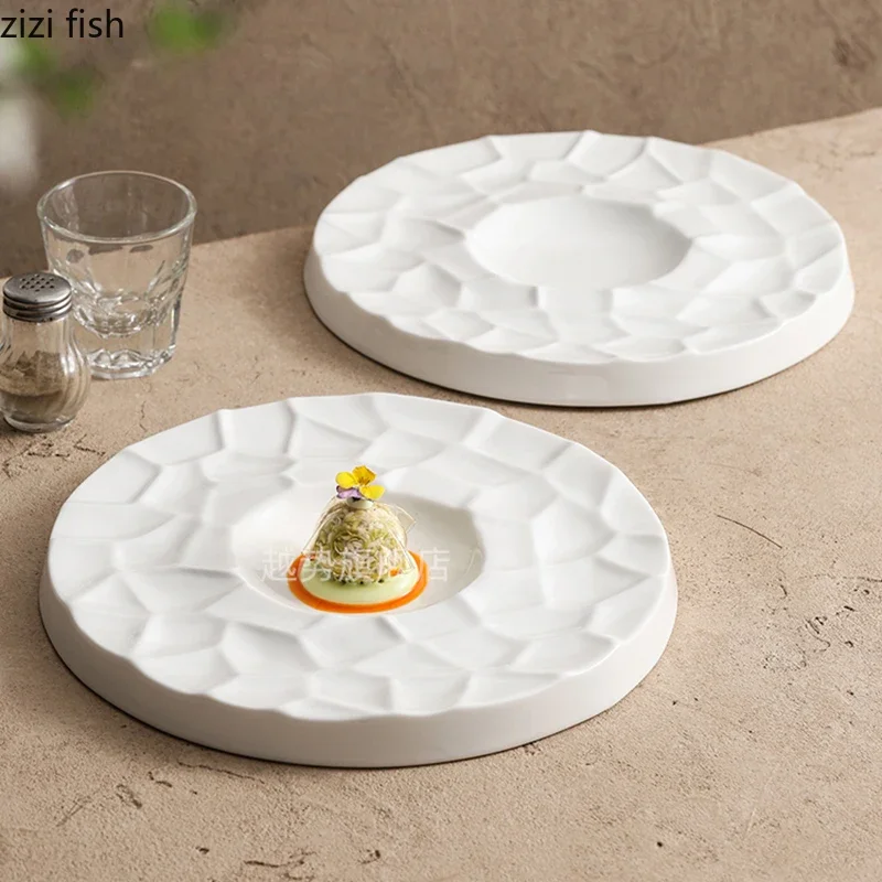 Pure White Irregular Texture Ceramic Dinner Plate Restaurant Dessert Snack Plate Sushi Plate Pasta Plates Specialty Tableware