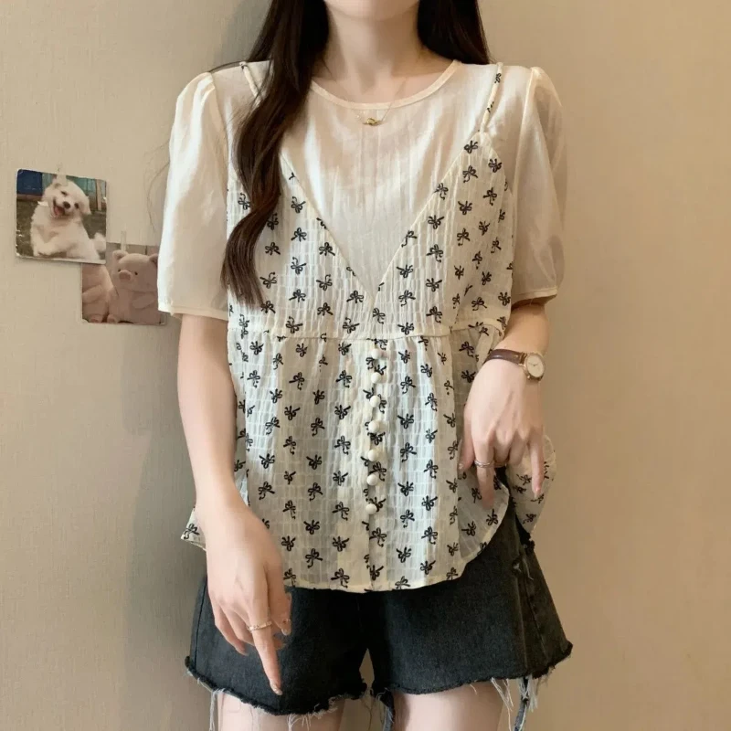 Plus Size Floral Fake Two Pieces T Shirts Summer New Short Sleeve Print Loose Thin Sweet Tops Tees Korean Fashion Women Clothing